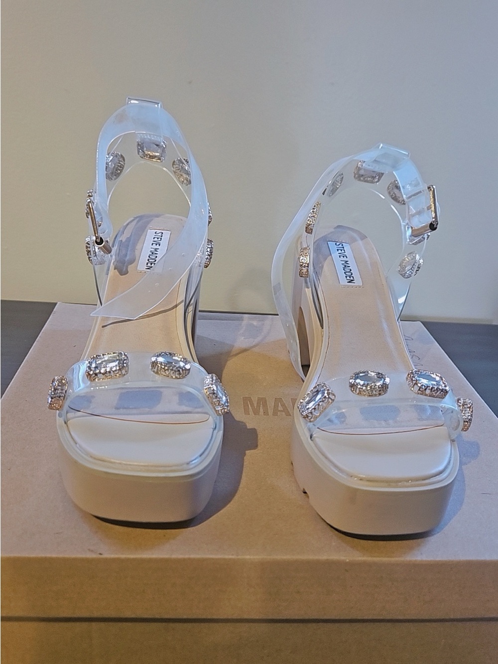 Steve Madden Clear Platform Sandals with Crystal Accents - White Platform